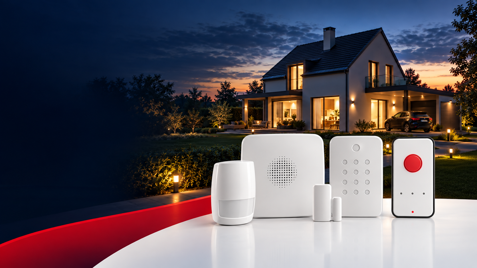Casa iluminada ao entardecer com dispositivos de alarme em primeiro plano